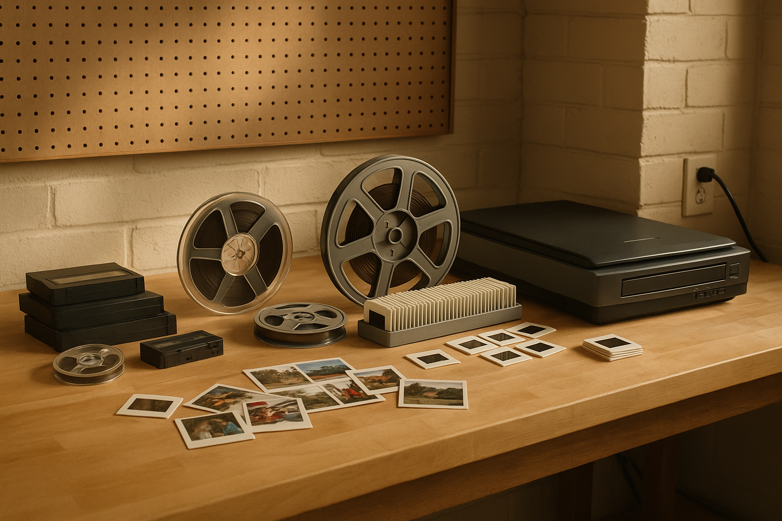 Photograph of a small media transfer workbench with tapes, reels, slides, and photographs beside transfer equipment